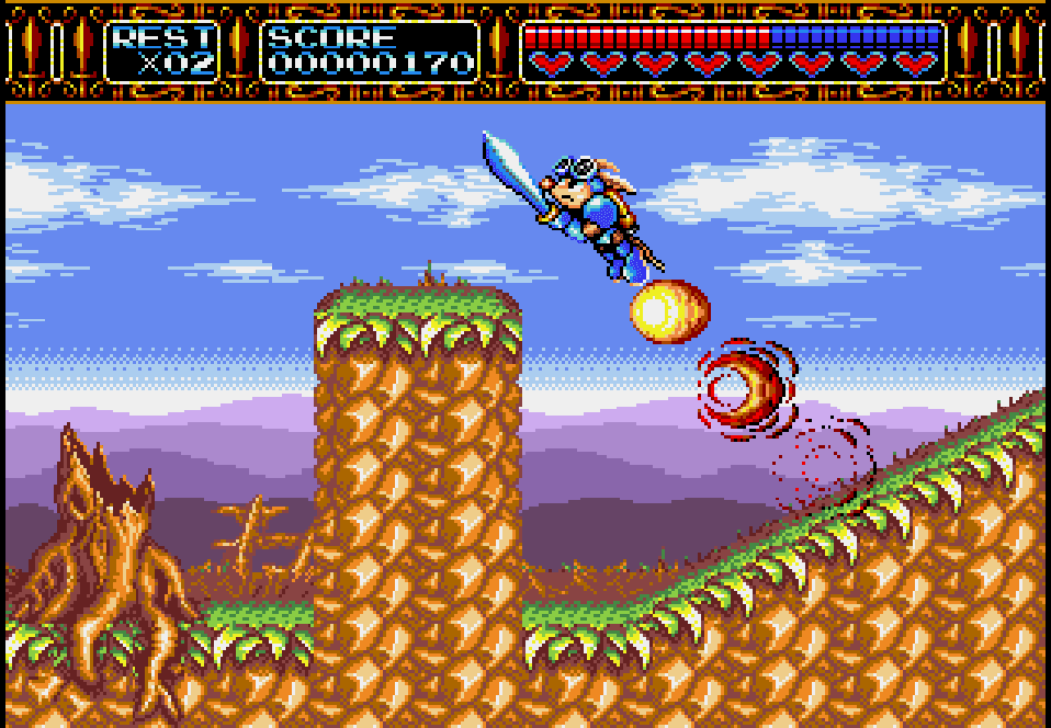 Sparkster flying in Rocket Knight Adventures, a great side scrolling action game.