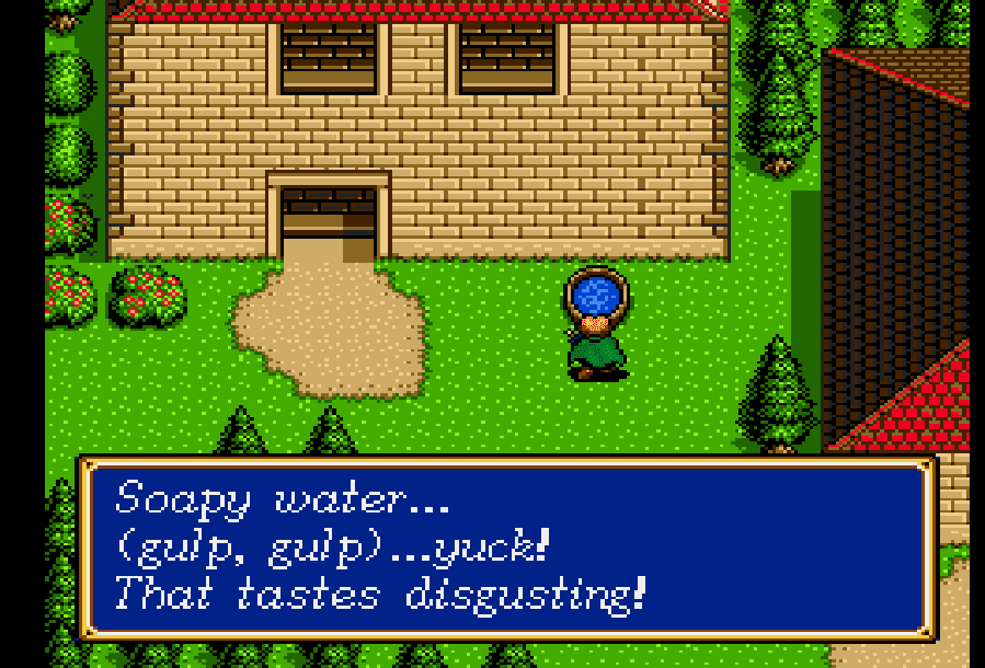 Shining Force II showing the main character tasting water from a well, in one of the best Sega Genesis RPGs.