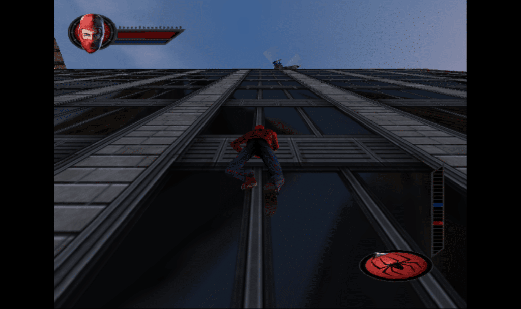 Newcomer Spider-Man climbing a building to face bad guys in the eponymous PS2 game.