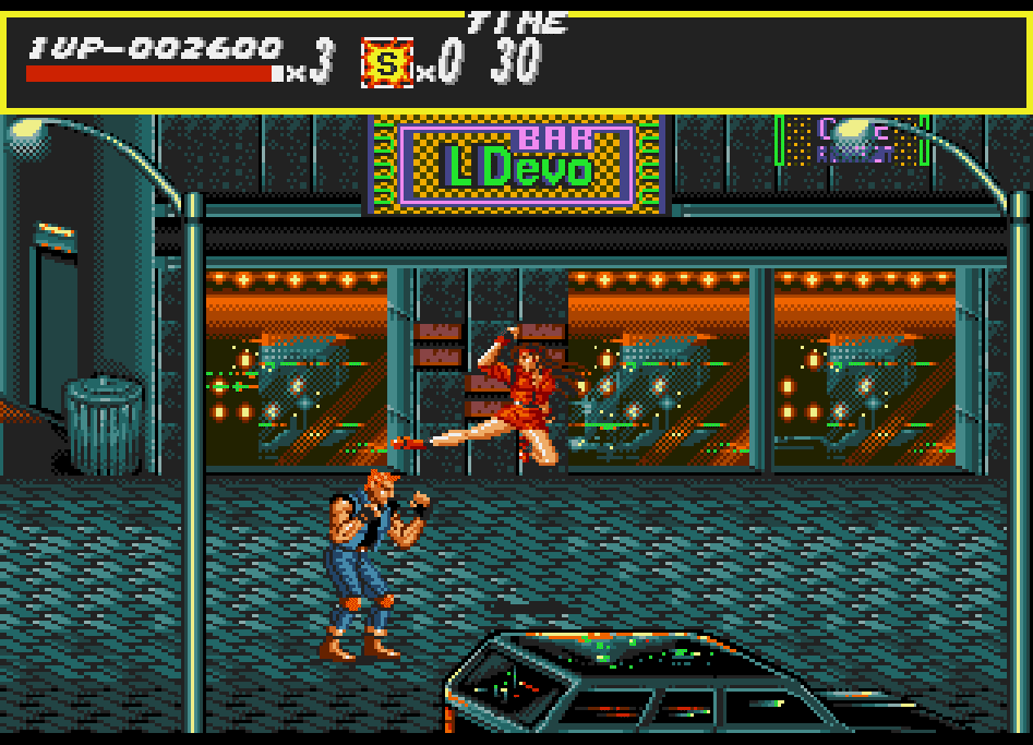 Streets of Rage, with Blaze doing a jump kick, on the Sega Genesis.