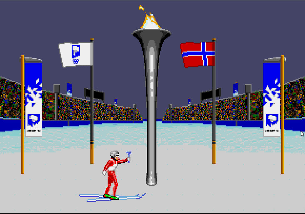 The Olympic torch being lit at the start of the Full Olympics game mode in Winter Olympics, a great Sega Genesis title.