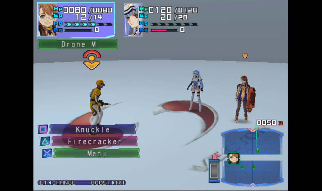 The first battle in Xenosaga Episode I, showing typical turn-based combat found in many RPGs.