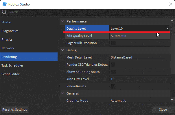 Change Quality Level under the Rendering Tab