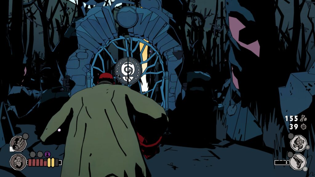 Hellboy sprinting with the camera really close to him