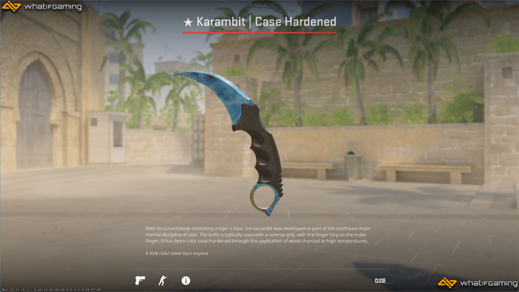 A photo of the Karambit Case Hardened Blue Gem skin in CS2