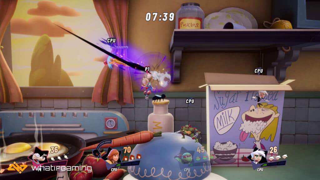 Four brawlers battling inside a Ren and Stimpy arena