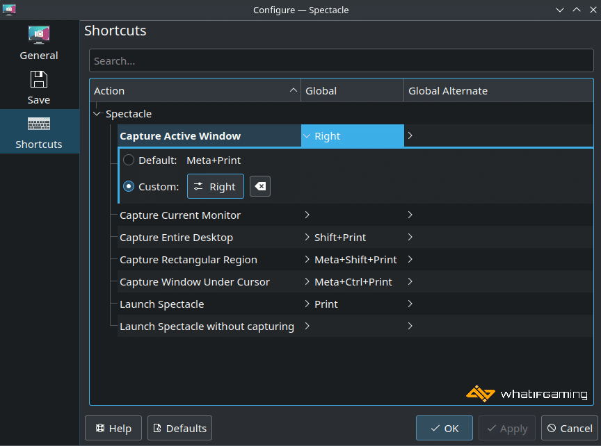 Shortcuts tab in Spectacle