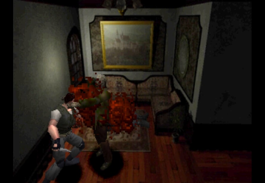 The first Resident Evil title, showing Chris Redfield struggling against a zombie.