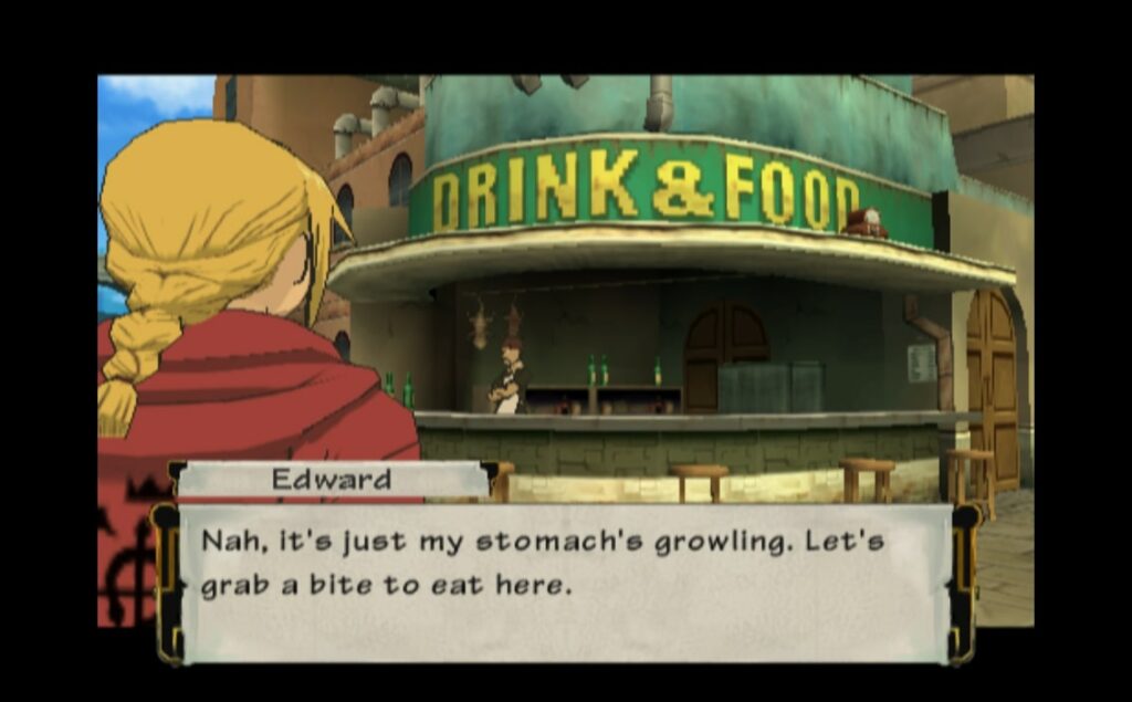 Fullmetal Alchemist 2: Curse of the Crimson Elixir, at the very start of the game, following brothers Ed and Al. This is a great PS2 anime game.