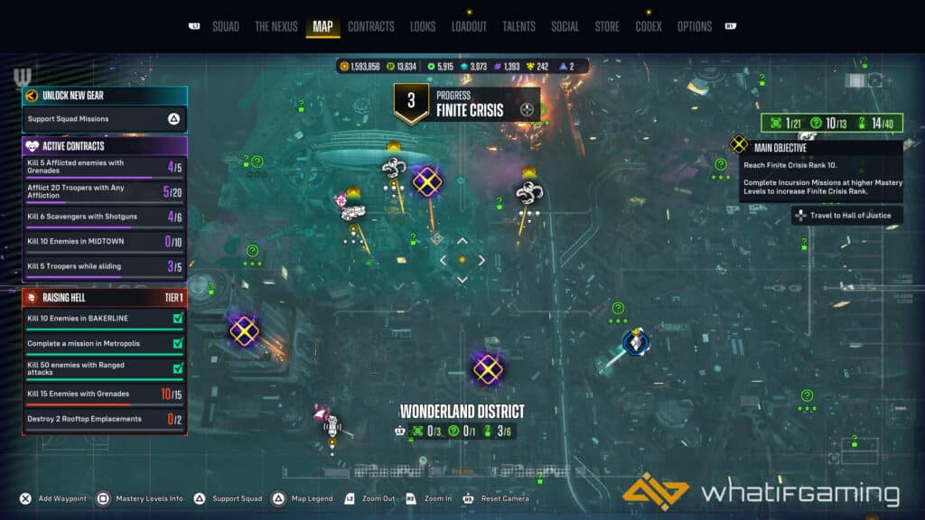 La imagen tiene la pantalla del mapa de Metropolis Escuadrón Suicida Mata la revisión de la Liga de la Justicia