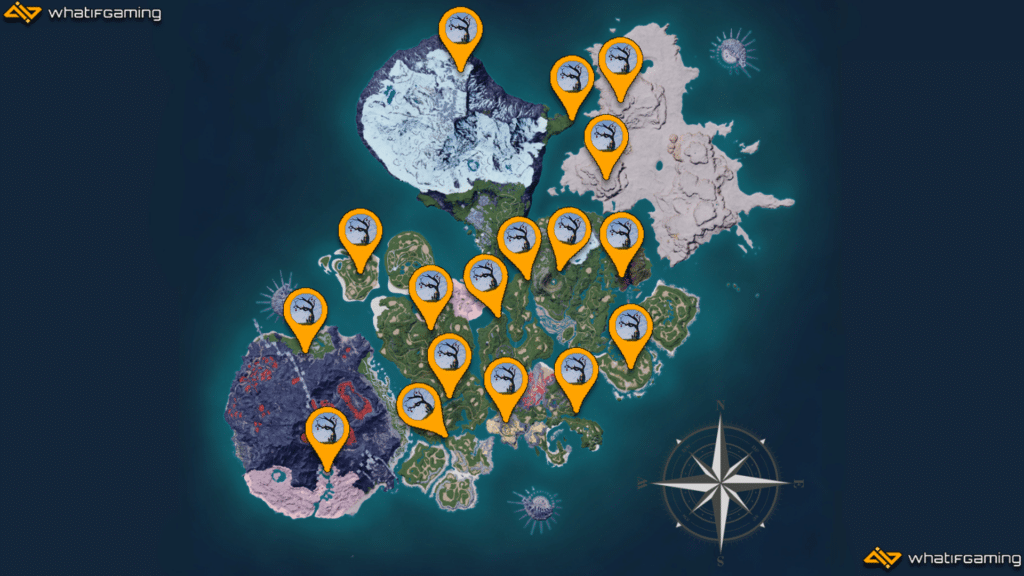 A map with all the Skill Fruit Tree locations in Palworld